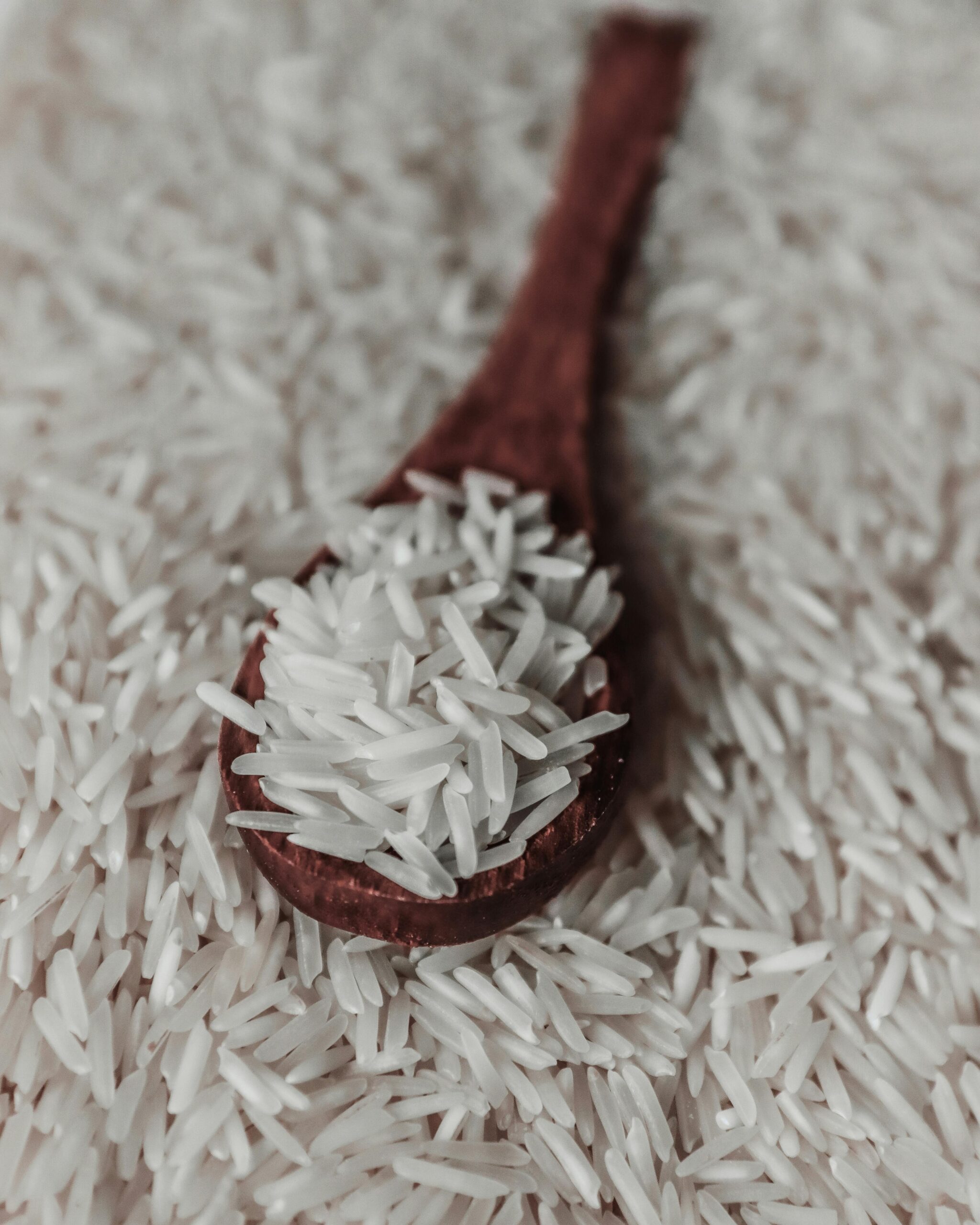 From above of raw white rice grains on wooden spoon placed on pile